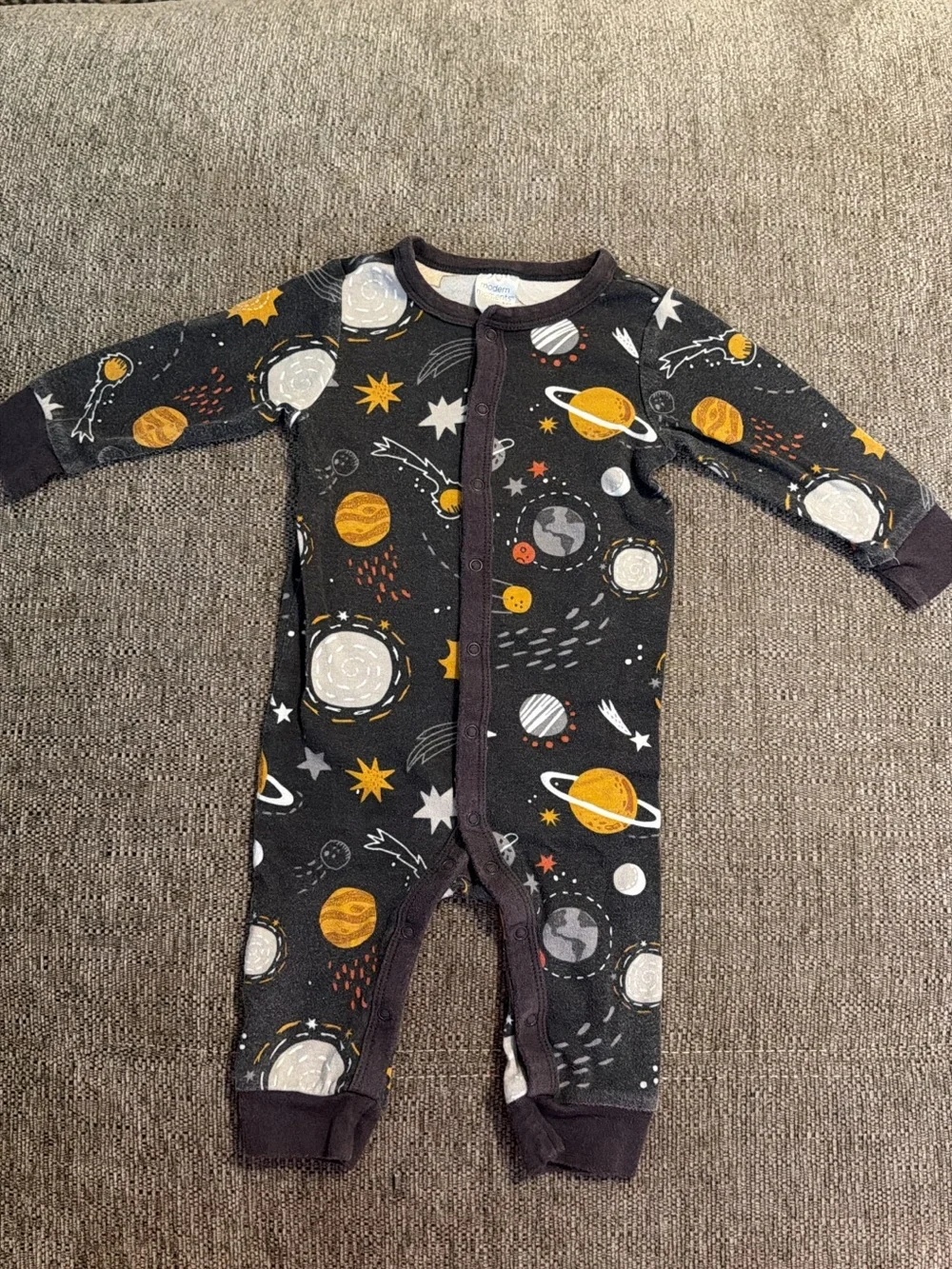 Space-Print Footed One-Piece Romper in Black & Yellow